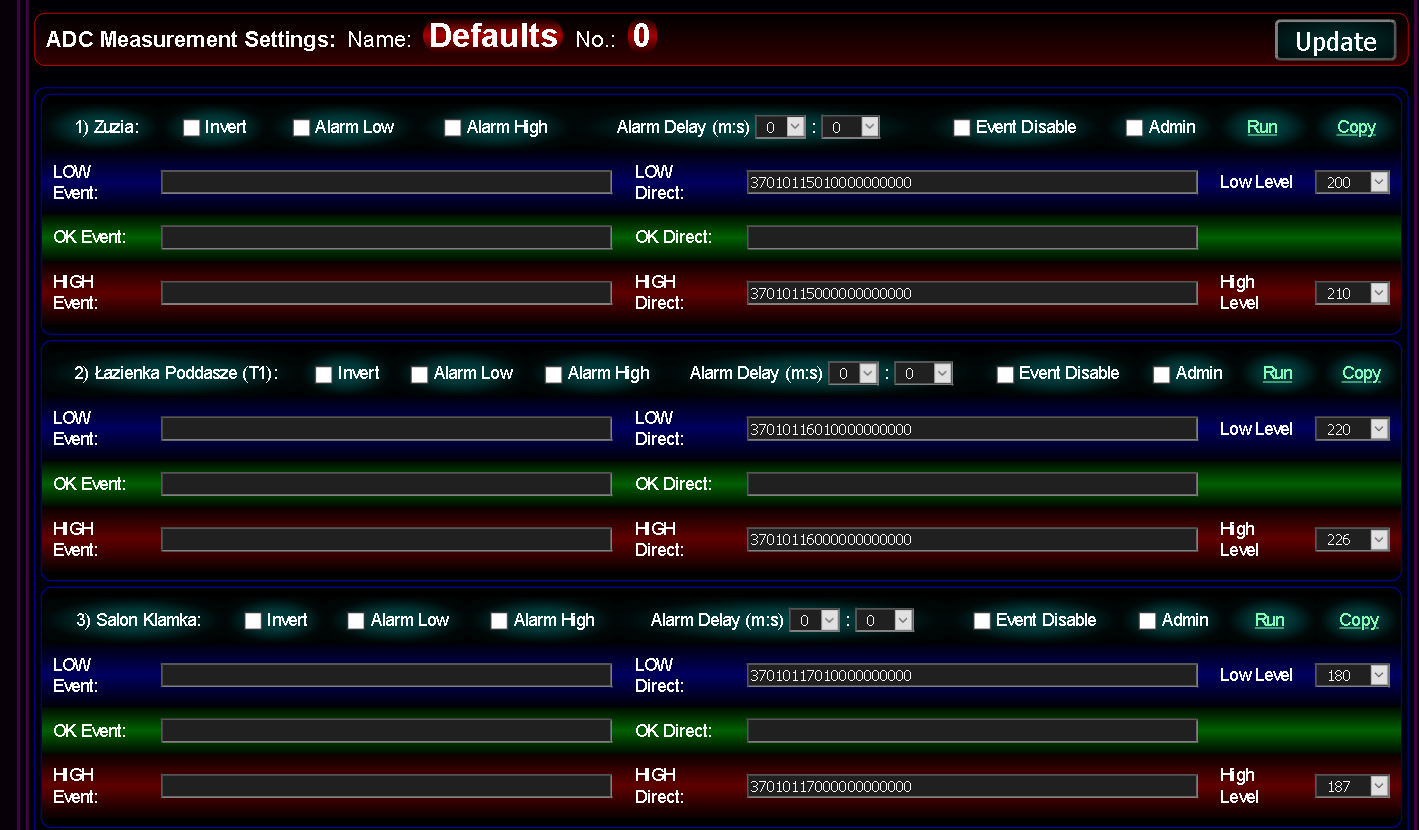 Customized configuration and initialization screen eHouse PRO - Measurement inputs configuration ( ADC) 