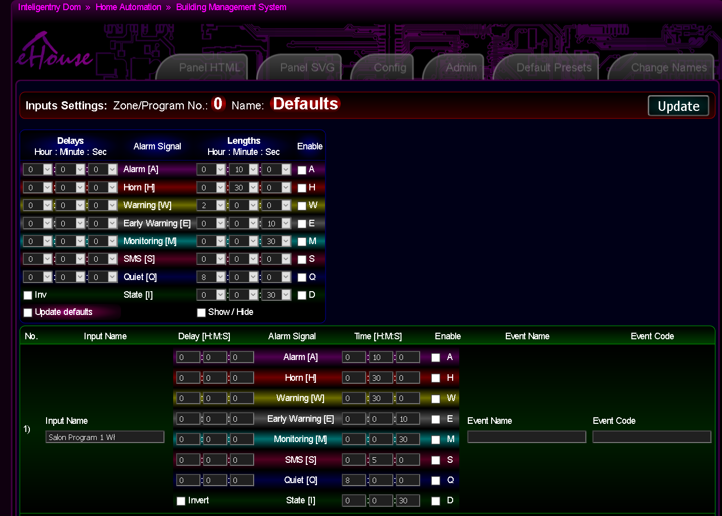 Customized screen for system configuration and initialization eHouse PRO  - Configuration of binary inputs