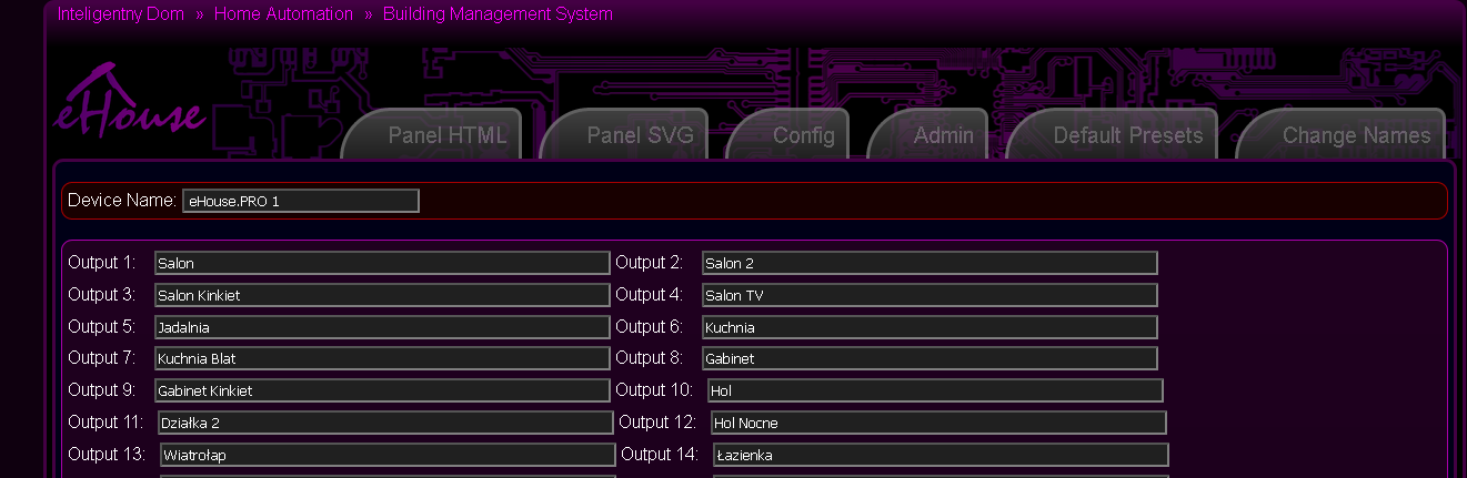 Customized eHouse.PRO system configuration - Output Names 